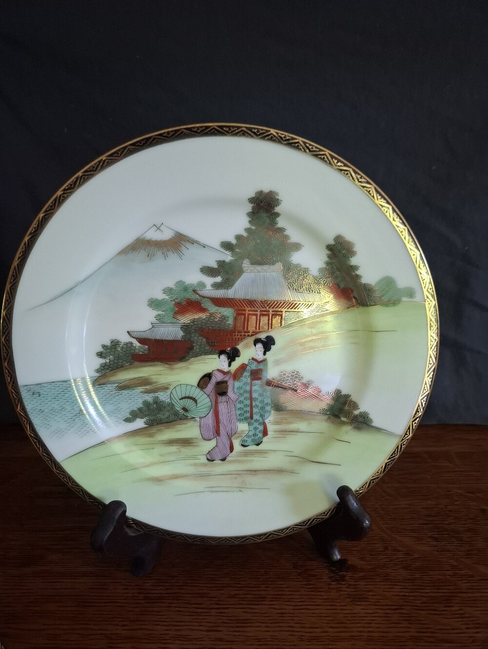 Hand-Painted Japanese Scenic Porcelain Plate with Gold Rim